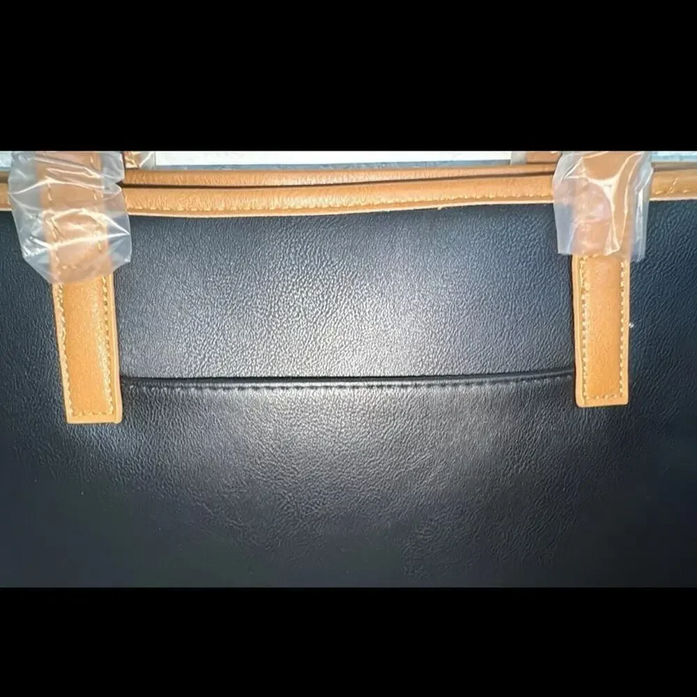 Tahari Kristen Black with Vachetta Trim Zip Closure Large Tote Bag Purse NWT